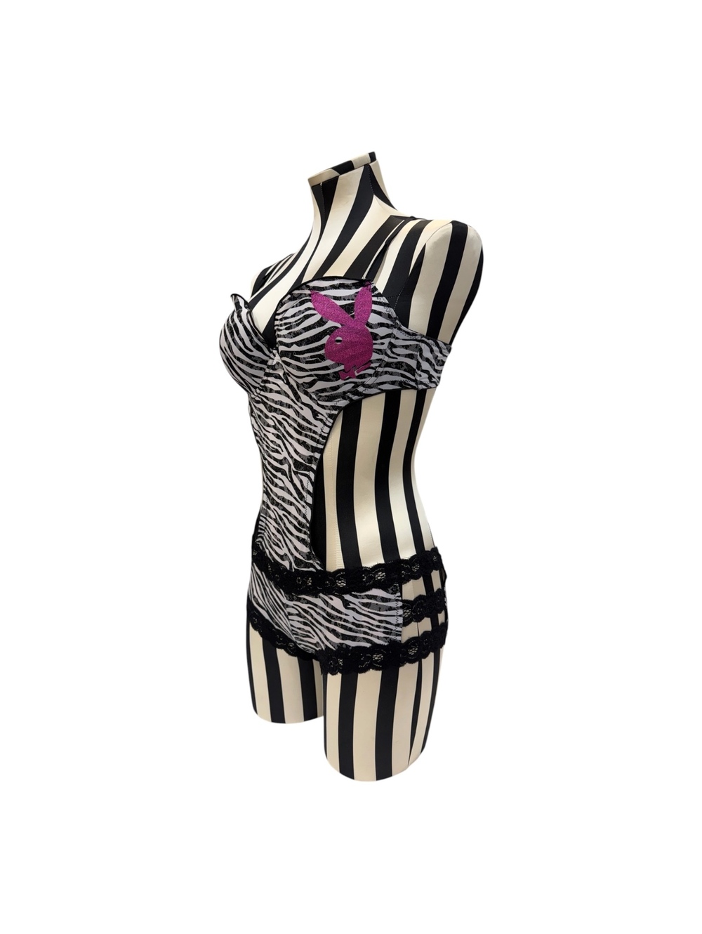 Playboy Black & White Zebra Print Lingerie One-Piece w/ Pink Bunny Logo